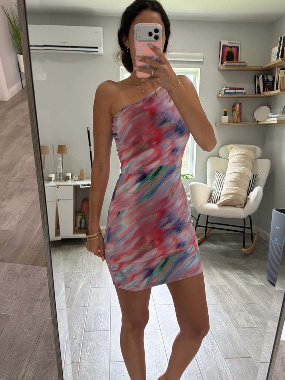 SHEIN One-Shoulder Abstract Swirl Mini Dress — Pink Multicolor